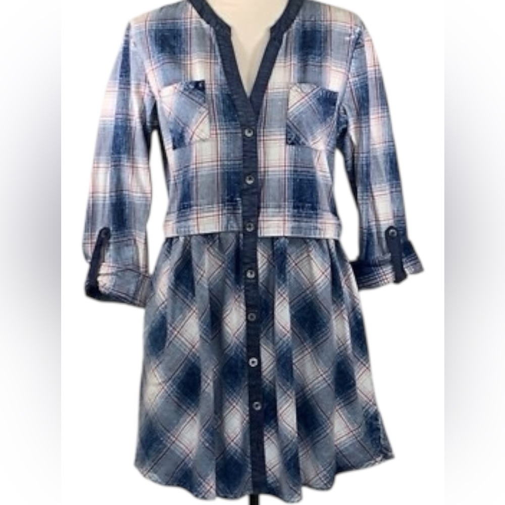 Hummingbird Women Dress Plaid Button Down Roll Tab Sleeve Pockets 100% Cotton